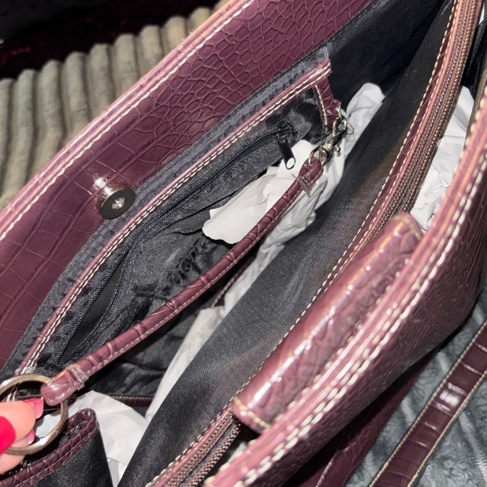 Croc embossed tote shoulder bag / laptop bag purse burgundy, Large - Picture 9 of 11